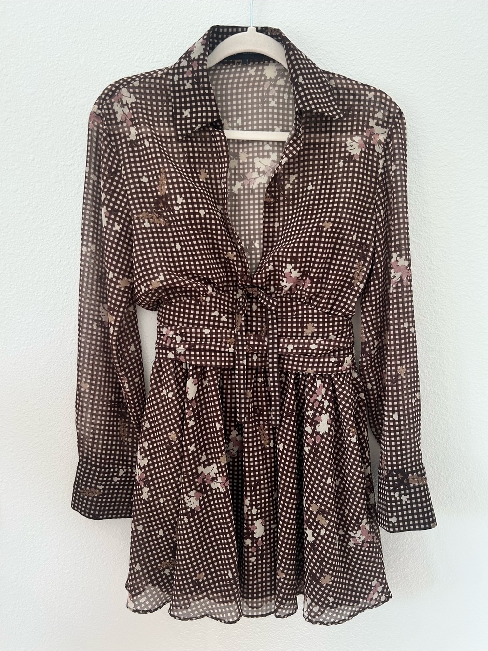 Zara Brown Gingham & Floral Long Sleeve Deep V-Neck Mini Dress - Picture 6 of 11